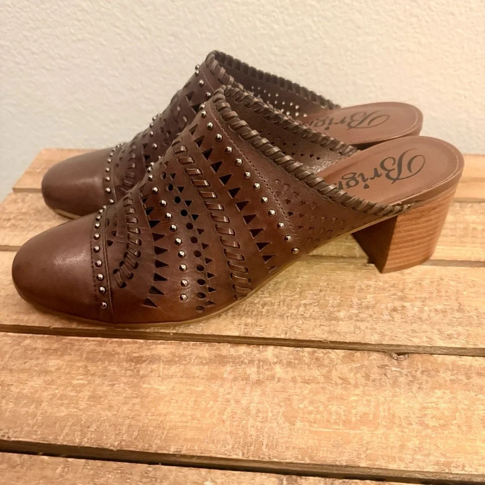 Brighton Manet Leather Shoes Mules Laser Cut Studded Brown Sienna ‎ Size 11 Boho